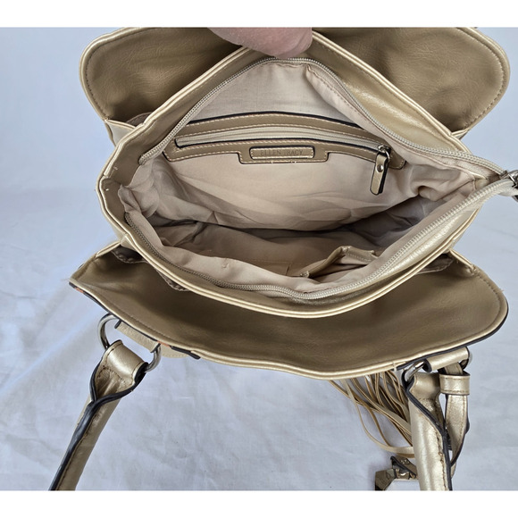 Ellen Tracy Leather Shoulder Bag Shimmer Gold Double Handle - Picture 5 of 16